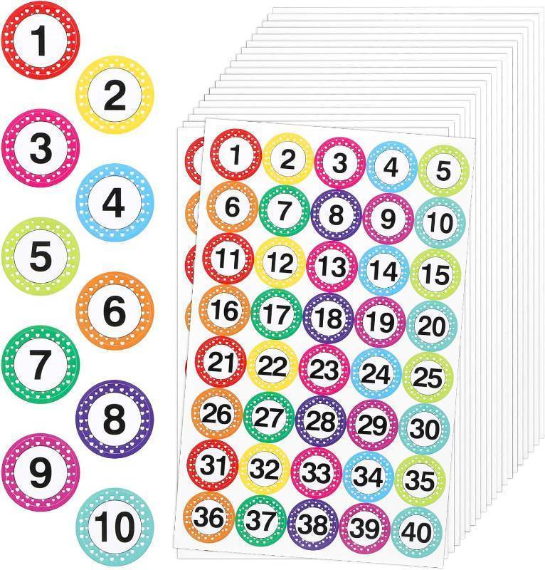 lot 69449 image: 1 inch 800 PCS 1 Inch Number Stickers Small 1-40, 20 Sheets Dots Numbered Stickers Consecutive Numbers Labels Colored Removable Polka Dot Numbers Decals for Office Indoor Boxes Storage Inventory(10 Co
