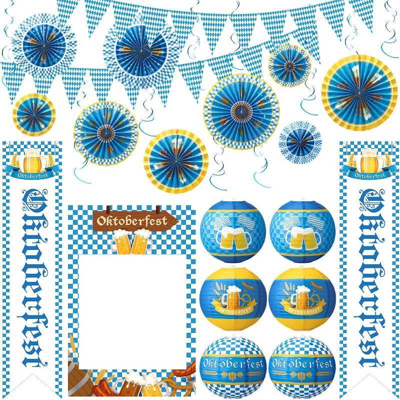 lot 66664 image: $33 Motiskyy 37 Pcs Oktoberfest Party Decor Kit Bavarian Pennant Flags Paper Fans Banner Paper Lanterns Octoberfest Themed Party Supplies Home Yard Favor Decor Set for German Beer Festival