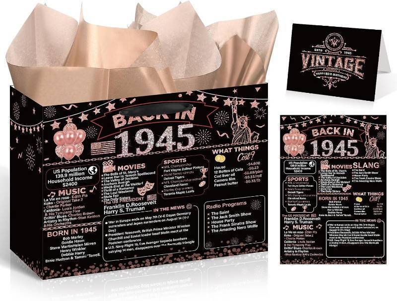 lot 66683 image: 1 Count (Pack of 1) Yoirrat Black Rose Gold 80th Birthday Gift Bag with Greeting Card, Poster, Tissue Paper, Retro Pattern, Cardstock Material, 11.8 x 9.4 x 5.3 Inches