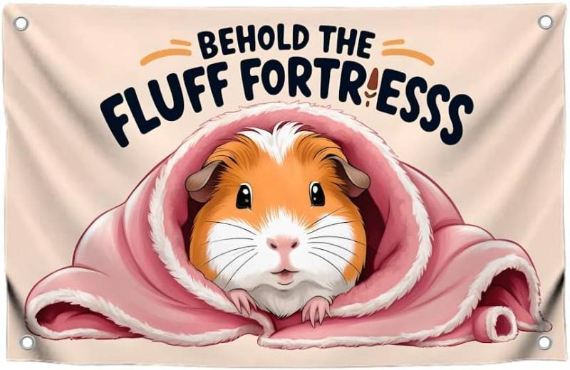 lot 66689 image: 3x5 Ft Funny Guinea Pig Quoted Polyester Flag Behold The Fluff Fortresss with Four Brass Grommets - Animals Banner Wall Decoration for Outdoor or Indoor - College Banners for Teen Boys Girls or Men