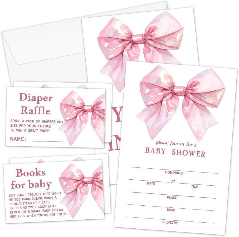 lot 66690 image: Baby Shower Invitation Set - 25 Greeting Cards With Envelopes, 25 Book Request Cards & 25 Diaper Raffle Tickets, Pink Bow Gender Neutral Baby Shower Party Supplies Favor for Girls Boys -03