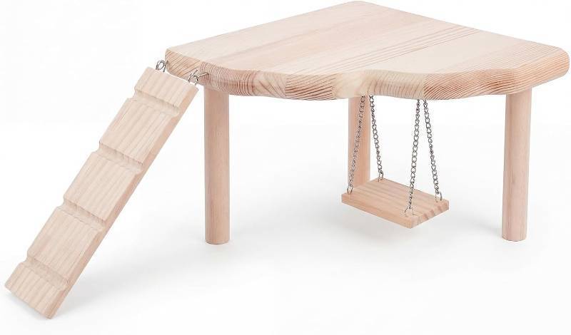 lot 66691 image: Wooden Hamster Platform with Swing and Ladder Assembly Required Freestanding Small Pet Cage Climbing Shelf Natural Wood Play Accessory for Dwarf Syrian Hamsters Gerbils Mice Rats and Degus
