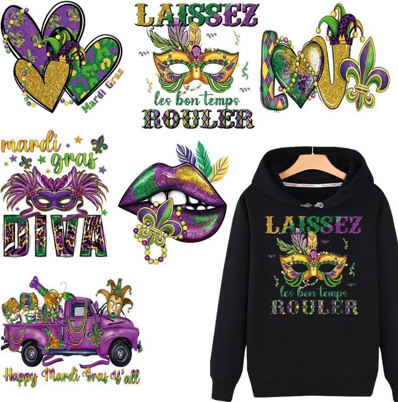 lot 66694 image: 9 inches x 9 inches Doneace Valentines Day Mardi Gras Teacher Iron on Transfers Patches Masquerade Mask Clown Lips Pattern Iron on Decals Green Purple Yellow Heat Transfer Designs for Clothes Pillow