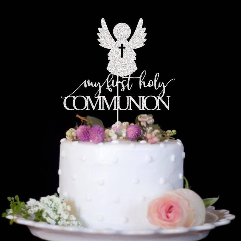 lot 66704 image: My First Holy Communion Cake Topper, Silver Glitter Cake Pick for Kids Birthday Baby Shower Wedding Baptism Christening Party Decorations