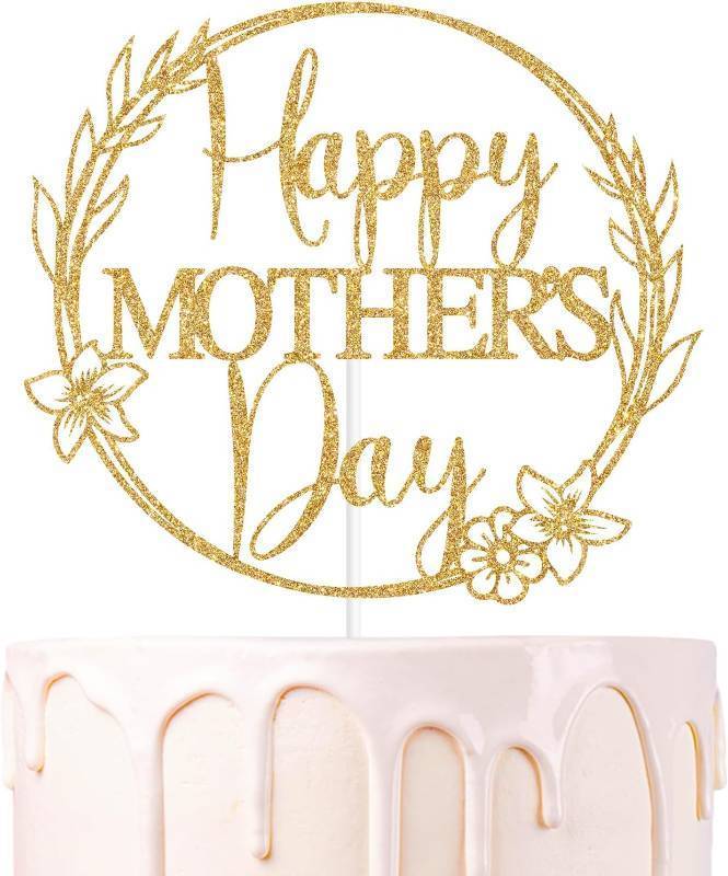 lot 66707 image: Glitter Happy Mothers Day Cake Topper, Spring Flower Mothers Birthday Cake D cor, Funny Summer Flower Themed Mothers Day Party Decorations Supplies (Gold)