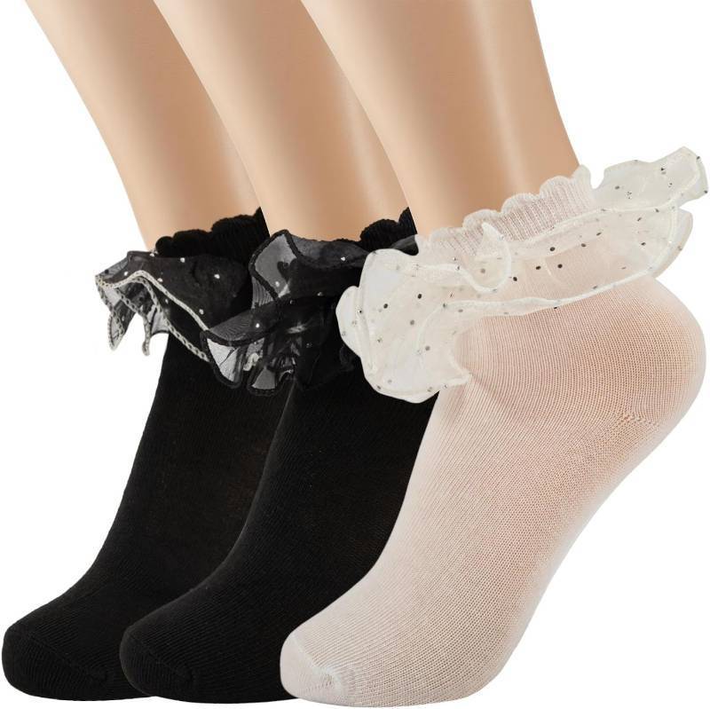 lot 66712 image: 3 Pairs Girls Ruffle Socks Double Lace Socks Frilly Socks Cotton Dress Socks Pageant Socks for Girls 7-11Years