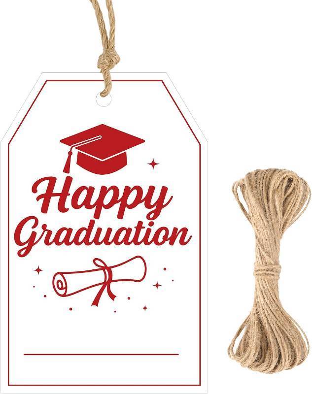 lot 69711 image: 3.35x2.16 inches  8.5x5.5 cm G2PLUS Happy Graduation Tags - Red Graduation Gift Tags with String, Class of 2026 Paper Hang Labels for Congrats Grad Party Favors