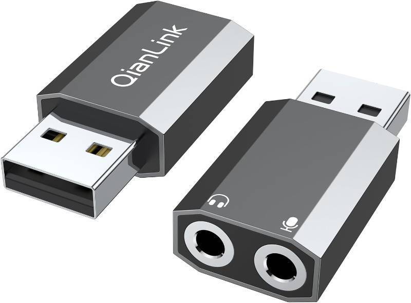 lot 69716 image: QianLink USB to 3.5mm Audio Adapter (2-Pack),External Stereo Sound Card with Dual TRS 3-Pole 3.5mm Headphone and Microphone Jack for PS4PS5PCLaptop, Built-in Chip Mic-Supported Headphone Adapter