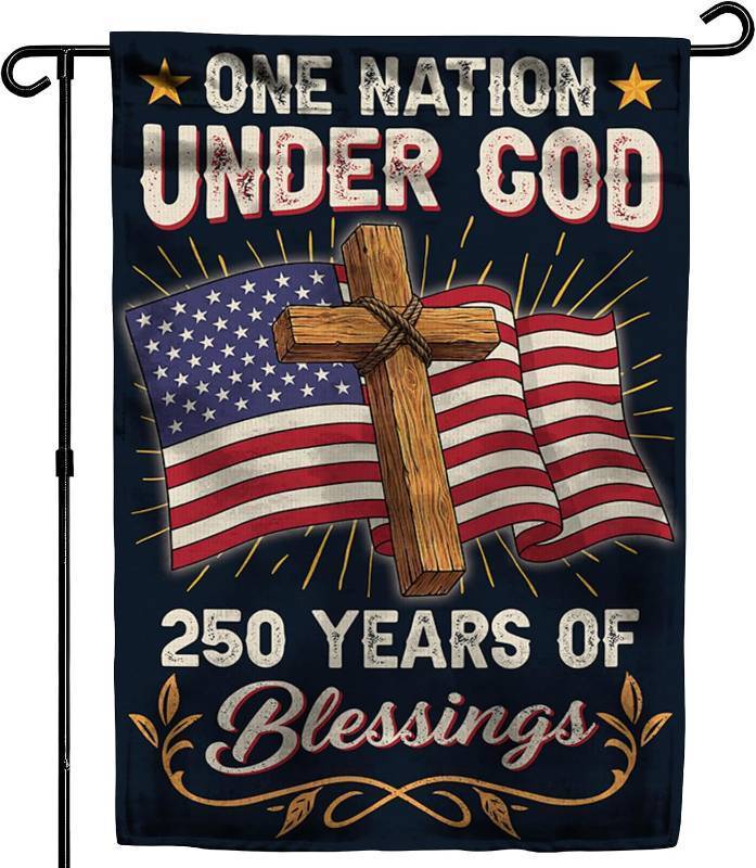 lot 69734 image: 250th Anniversary America USA Garden Flag for Outside, One Nation Under God 250 Years of Blessings 1776-2026 Cross Double-Sided Waterproof Yard Flag 12x18 Inch for 4th of July Memorial Day Decor