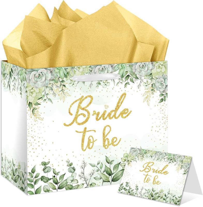 lot 69748 image: 1 Count (Pack of 1) HSKMAKE Sage Green Bridal Shower Gift Bag, Large Bride To Be Gift Bag with Tissue Paper & Wrapping Paper and Card, Wedding Shower Gift Bags for Bachelorette Bride to Be Bridal Show