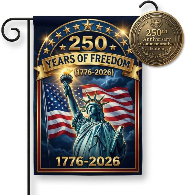 lot 69745 image: 250 Years America Garden Flag,USA 250th Anniversary Patriotic Yard Flag,1776 2026 Outdoor Garden Banner,Double-sided printed Statue of Liberty pattern,12 x 18 Inch (Blue)