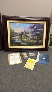Thomas Kinkade framed limited print of artwork titled Clocktower Cottage Streams of Time 1. With Certificate of Authenticity, Fine art owners manual and purchase receipt.