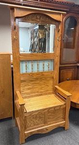Mirrored hall tree with under bench storage and brass fixtures72 x 32 x 17 in