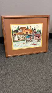 lot 902 image: Framed cross-stitch harbor