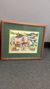 lot 903 image: Framed cross-stitch Farm country eggs