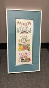 lot 907 image: Framed cross-stitch Bathroom