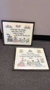 lot 908 image: Framed cross-stitch Kitchen pair
