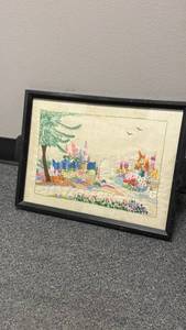 lot 909 image: Hand stitched embroidery in framed tray