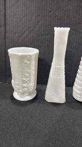 lot 1007 image: Westmoreland and other milk glass vases and pedestal compote tallest is 9 inches tall