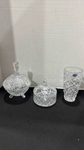 lot 1026 image: Bohemia lead crystal vase and lidded dish and vintage cut crystal footed candy dish tallest is 7 inches tall