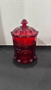 lot 1027 image: Mosser glass red ruby thumbprint cookie jar 10 inches tall