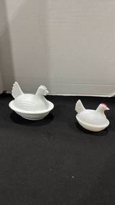 lot 1030 image: 2 vintage white milk glass hen-on-nest covered dish