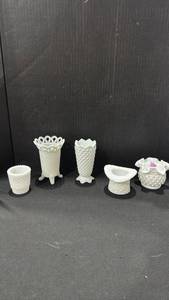 lot 1032 image: Fenton and other milk glass vases and candle holders
