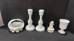 lot 1056 image: John Kemele milk glass candle sticks holders, West Moreland milk glass basket and more tallest is 7 inches
