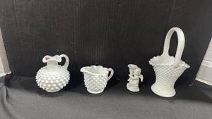 lot 1059 image: Fenton Hobnail Milk Glass handled cruet, Kanawha creamer and more tallest is 9 inches tall