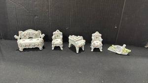 lot 1062 image: Vintage Made In Occupied Japan Ceramic floral Sofa, Chairs and piano and floral ship made in Germany