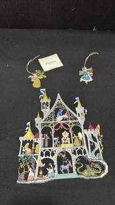 lot 1064 image: Handcrafted and hand-painted German pewter fairy tale castle wall hanging or window picture 9x8 made by the Wilhelm Schweizer workshop and 2 ornaments