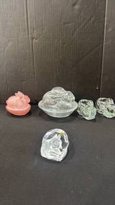 lot 1077 image: Vintage pink satin frosted and clear glass bunny candy dish featuring a charming rabbit-on-nest design, Cristal dArques France frosted glass squirrel paperweight, and candle holders
