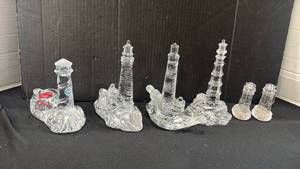 lot 1078 image: Lenox full lead crystal lighthouse figurines, Fine Crystal salt and pepper shakers and candle holders 8 inches tall with coas