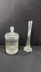 lot 1079 image: Imperial glass vintage Three Faces glass biscuit jar and vase 11 inches tall
