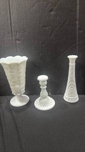 lot 1083 image: Fenton milk glass hobnail candle stick holder and 2 milk glass vases 9 inches tall