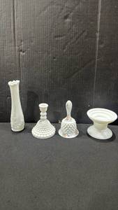 lot 1084 image: Fenton hobnail white milk glass bell signature inside rim, milk glass candle holders and vase