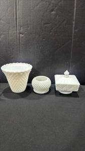 lot 1085 image: Vintage milk glass rose bowl, vintage white milk glass hobnail jardiniere vase with a scalloped rim and Westmoreland Old Quilt milk glass square covered candy dish