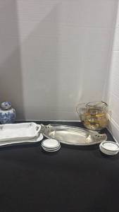 lot 1090 image: Vintage glass ball pitcher featuring horizontal gold stripes, porcelain and silver plated serving dishes and more