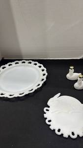lot 1104 image: Westmoreland lucky bunny plate 7.5 inches plate, white milk glass lace-edge 13 inch platter and Avon swan shaped perfume bottles