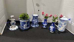 lot 1139 image: Blue and White Ceramic Decorative Vases, planter, candle stick holder and tea cup