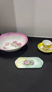 lot 1142 image: Vintage porcelain serving bowl with a pink-tinted scalloped rim and pink roses, Lefton China small dish and tea cup and saucer