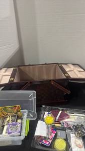 lot 1166 image: Sewing Basket with Floral Needlepoint Lids and Sewing Supplies handle needs repaired