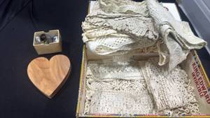 lot 1168 image: King Edward Invincible Mild Tobaccos Cigar Box with Lace Linens and Wooden Heart