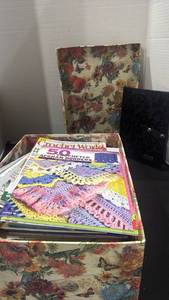 lot 1170 image: Crocheting magazines and more in decorative storage box