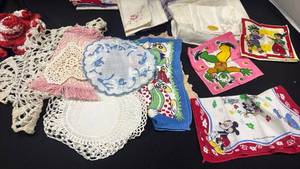 lot 1183 image: Lot of Vintage Handkerchiefs Lace Doilies Disney Printed Linens