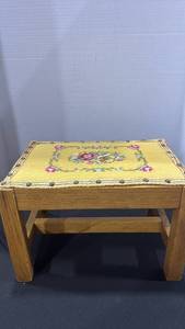 lot 1188 image: Vintage wooden footstool featuring a yellow floral needlepoint upholstered top 10x15x10