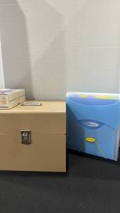 lot 1198 image: Buddy Products Metal Storage Box with Latch, filing folder, box of safety pins