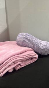 lot 1215 image: Pink throw blanket with purple throw pillow