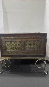 lot 1238 image: Decorative felt lined storage box with metal stand some repairs are needed 17.5x21x13