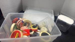 lot 1245 image: 16 qt Sterilite container and Various tape and more